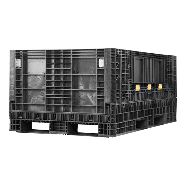A black plastic Orbis BulkPak container with yellow handles on a white background.