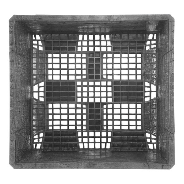 A black and white photo of an Orbis collapsible container with a square metal grid.