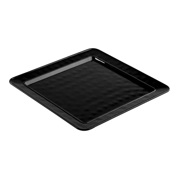 A black square melamine platter with a black border.