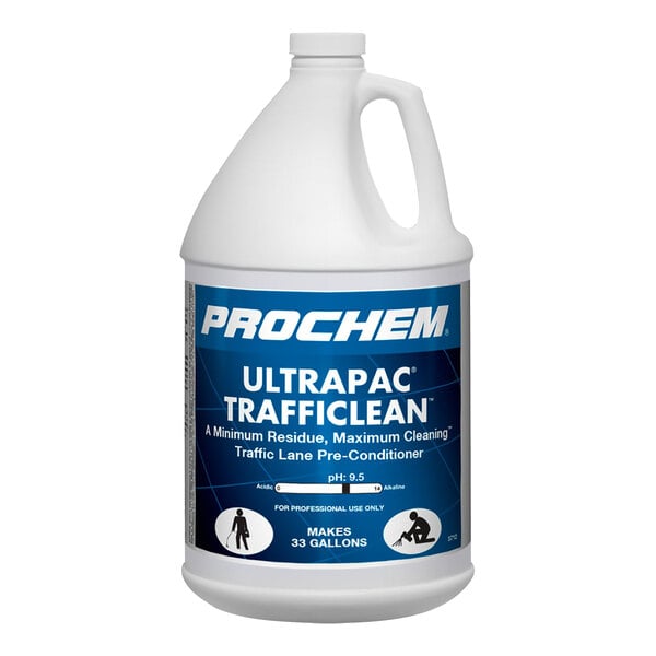 A white jug of Dri-Eaz Prochem Ultrapac Trafficlean with a blue label.