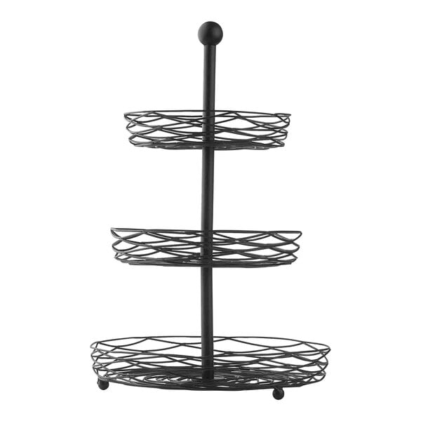 A Tablecraft black wire three-tiered basket display stand.