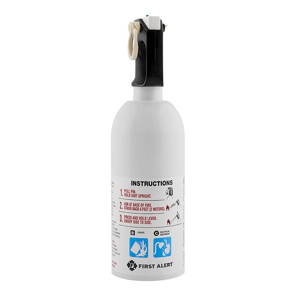 A white fire extinguisher with a black handle.
