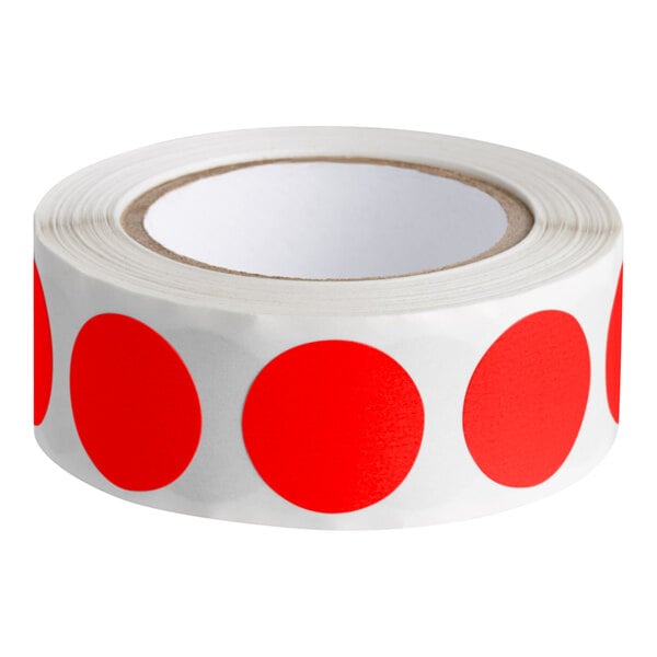 A roll of red circles on a white background.