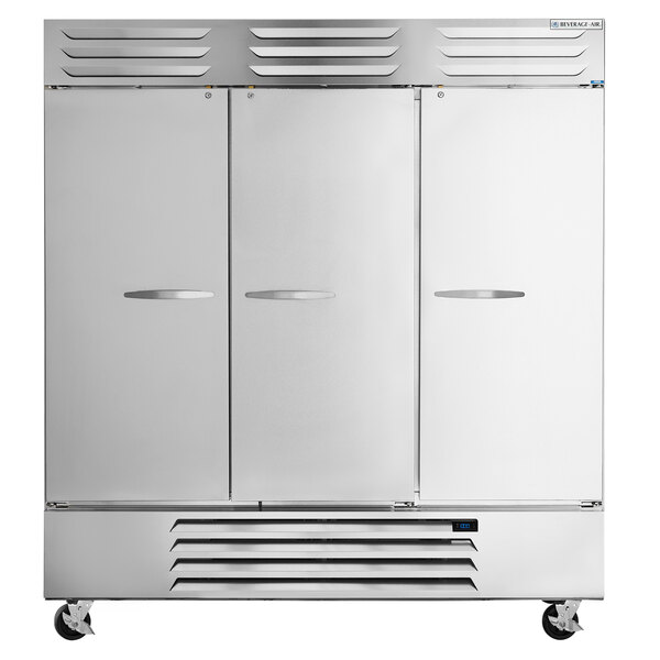 A white Beverage-Air reach-in freezer with three solid doors.