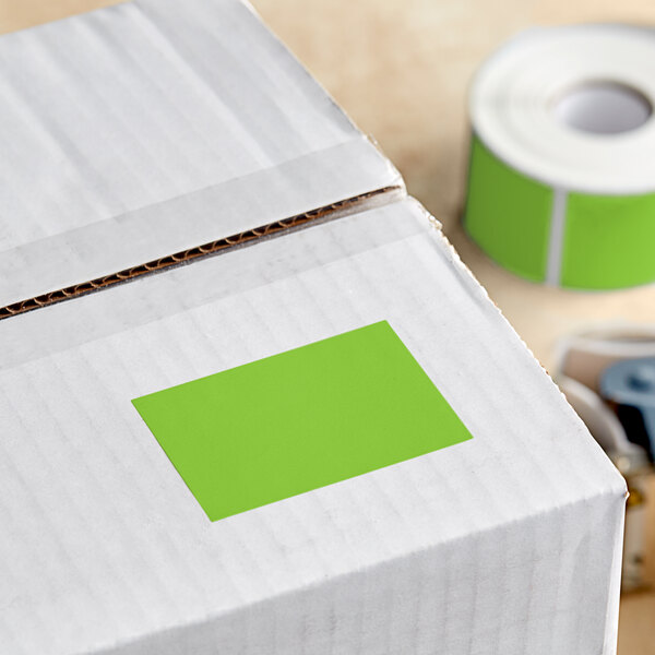 A box with a green rectangular label on it.