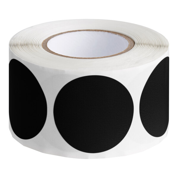 A roll of Lavex black semi-gloss paper round labels with black circles on white paper.