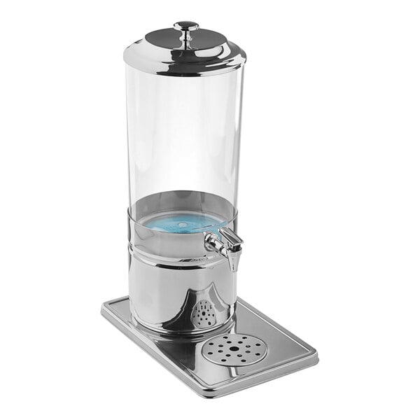 A Tablecraft polycarbonate beverage dispenser with a stainless steel base.