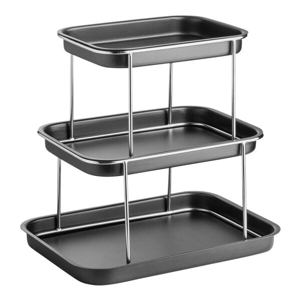 A black Tablecraft 3-tier tray with metal handles.