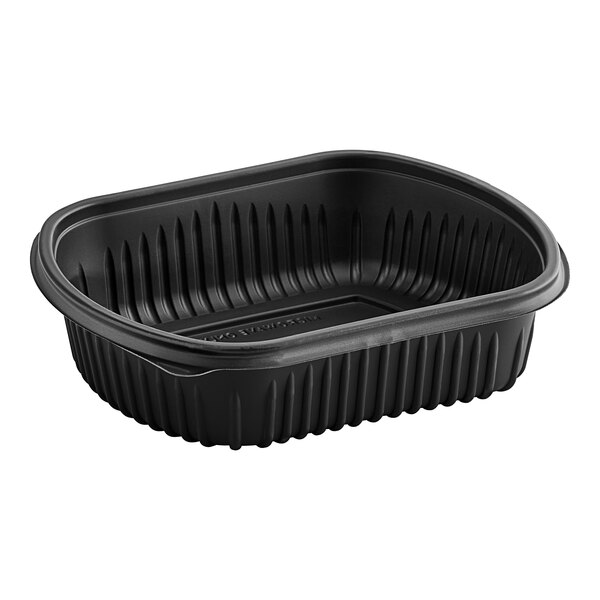 A Pactiv black plastic MealMaster container with a lid.