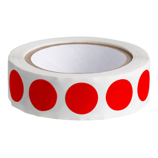 A roll of Lavex red round inventory labels with white semi-gloss paper.