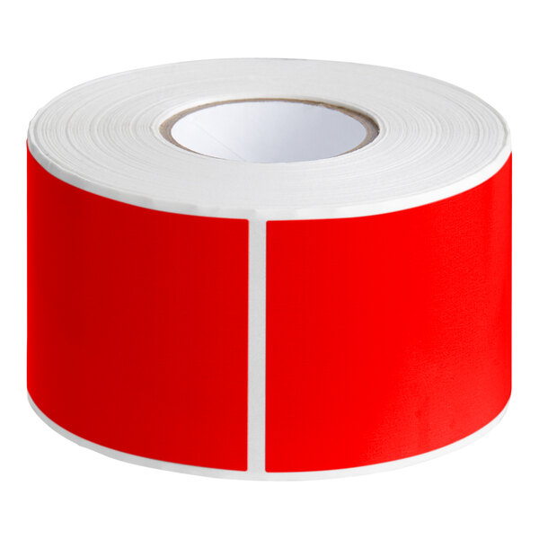 A roll of red rectangular Lavex inventory labels on a white background.