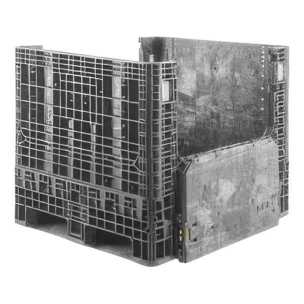 A grey metal Orbis BulkPak container on a grey plastic pallet.