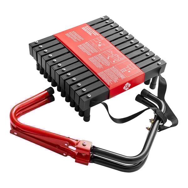 A red and black box with a First Alert 14' 2-Story Steel Fire Escape Ladder and silver screws.