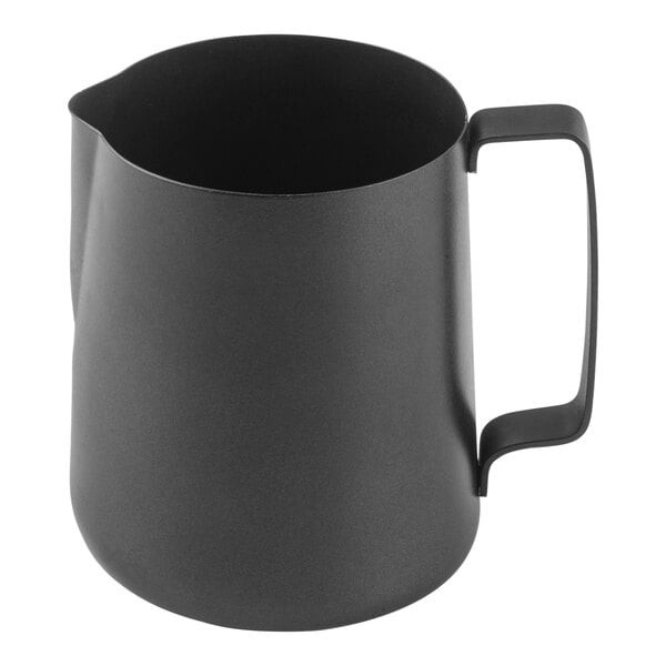 A black metal Tablecraft frothing pitcher with a handle.