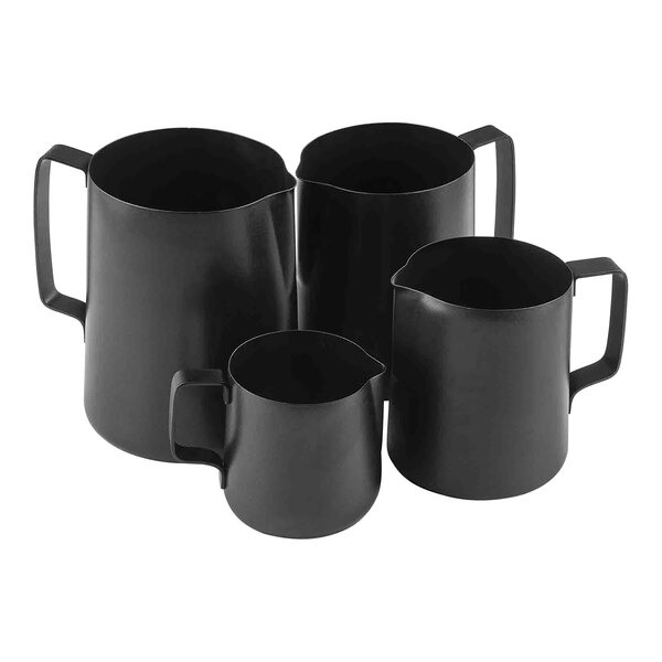 A close-up of a Tablecraft black stainless steel frothing pitcher with a handle.