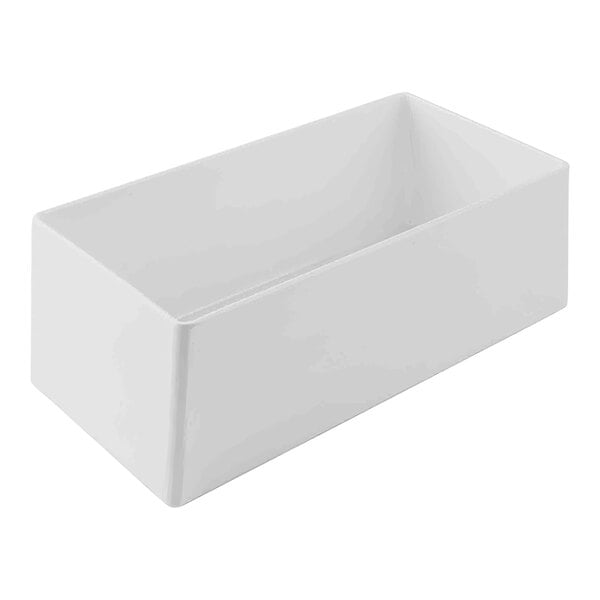 A white rectangular Tablecraft bowl with straight sides.