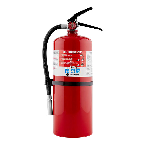 A red First Alert fire extinguisher with a white label and hose.
