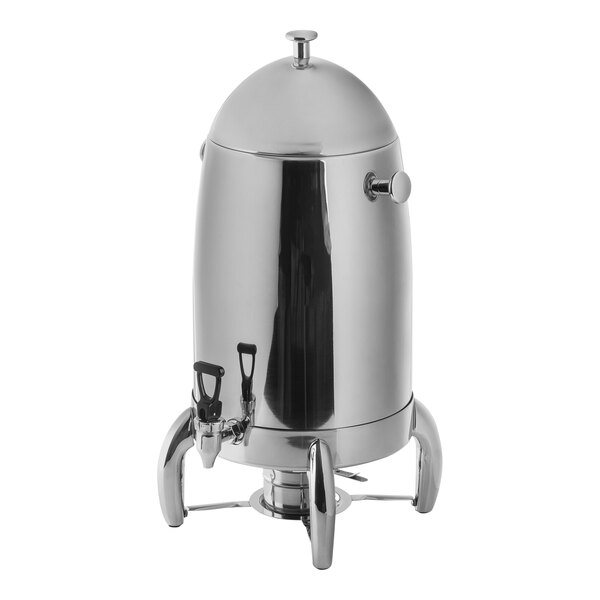 A Tablecraft stainless steel coffee urn with a lid on a white background.