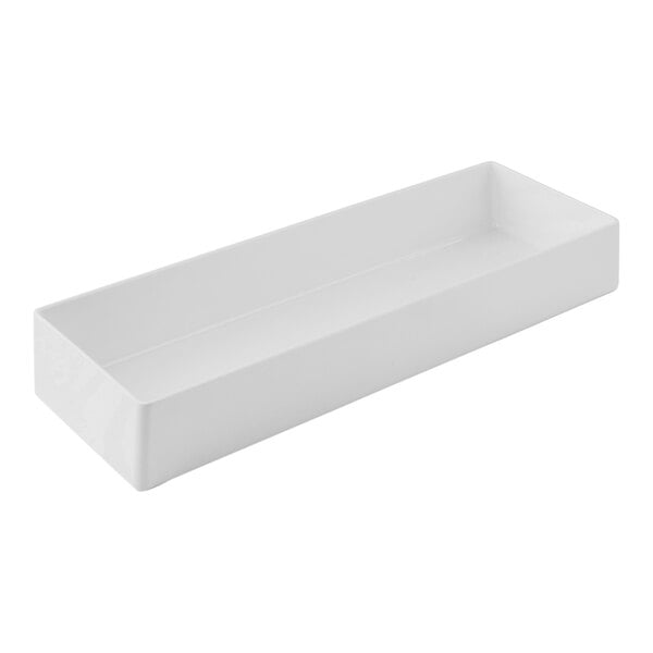 A Tablecraft white rectangular melamine bowl with a handle.