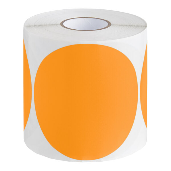 A roll of round Lavex stickers with orange circles on a white background.