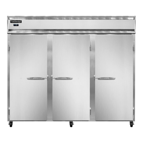 A large Continental Reach-In Freezer with three white doors.