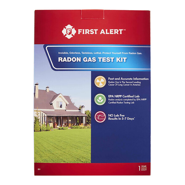 A First Alert radon gas test kit box with a blue and red sign of a house.