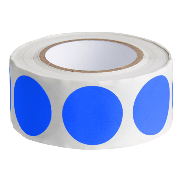 A roll of light blue round inventory labels with white circles on a Lavex label.