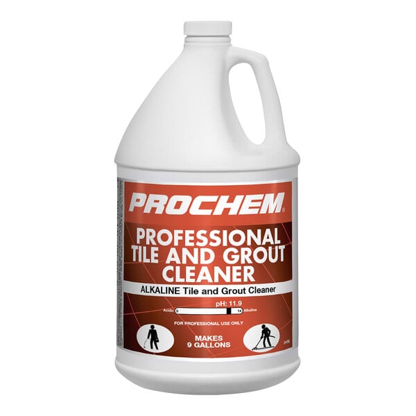 A white jug of Dri-Eaz Prochem Concentrated Tile and Grout Cleaner with a red label.