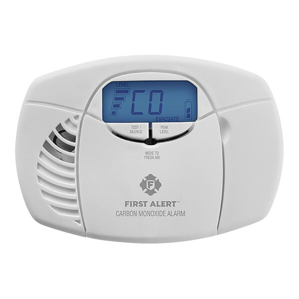A First Alert carbon monoxide alarm with a digital display.