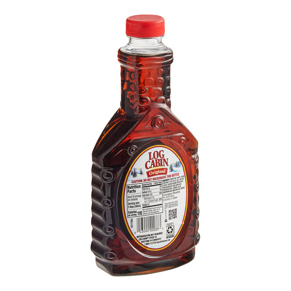 A bottle of Log Cabin Original Breakfast Syrup with a red cap on a white background.