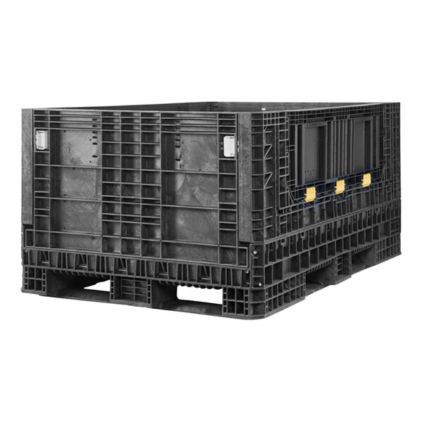 An Orbis black plastic collapsible container with yellow handles.