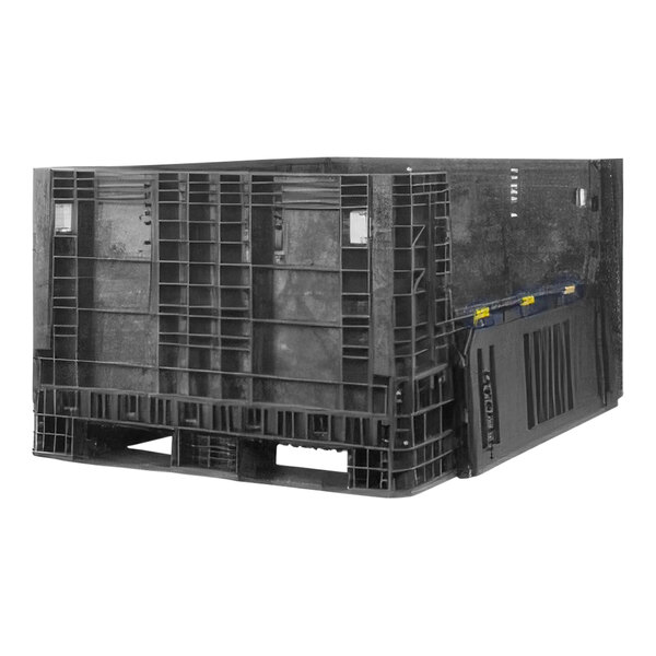 A close-up of a black Orbis BulkPak container with yellow handles.