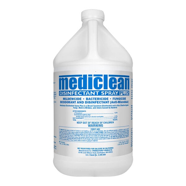 A white Dri-Eaz Mediclean disinfectant spray bottle with blue text.