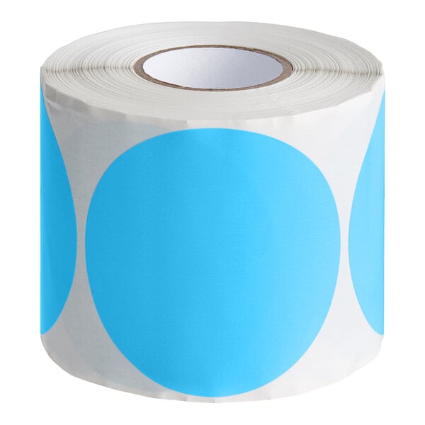 A roll of Lavex sky blue round inventory labels with white dots on a white background.