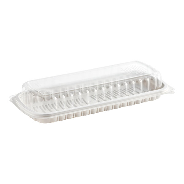 A Pactiv white plastic container with a clear lid.