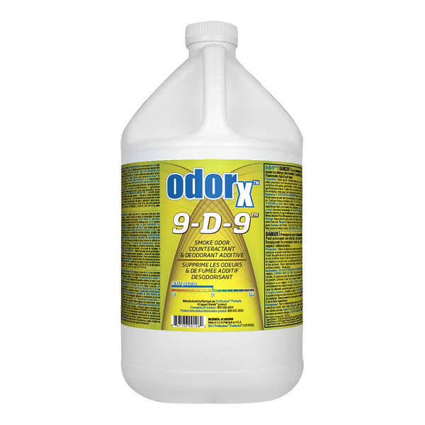 A white jug with a yellow and blue label reading "Dri-Eaz 100504 ODORx 9-D-9 1 Gallon / 128 oz. Smoke Odor Counteractant"