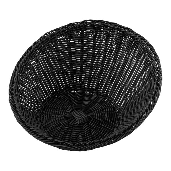 A Tablecraft black polypropylene bread basket with an angled round design.