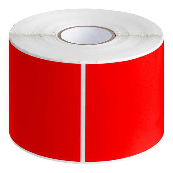 A roll of red rectangular Lavex inventory labels with white stripes.