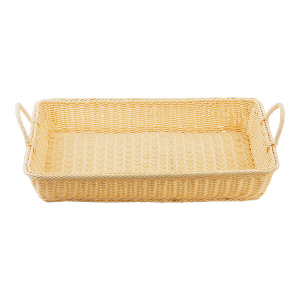 A Tablecraft natural polypropylene rectangular basket with handles.