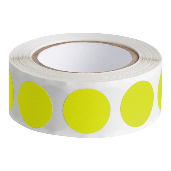 A roll of yellow circles on a white background with "Lavex 3/4" Fluorescent Chartreuse Semi-Gloss Paper Permanent Round Inventory Labels"