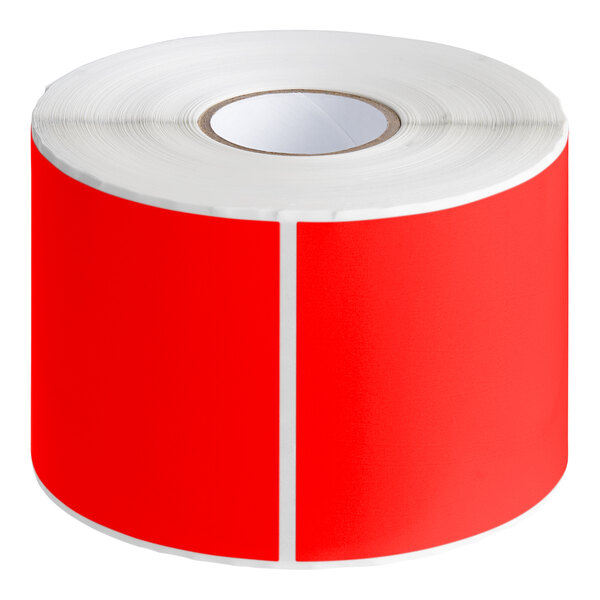 A roll of Lavex rectangular fluorescent red inventory labels with white stripes on the edges.