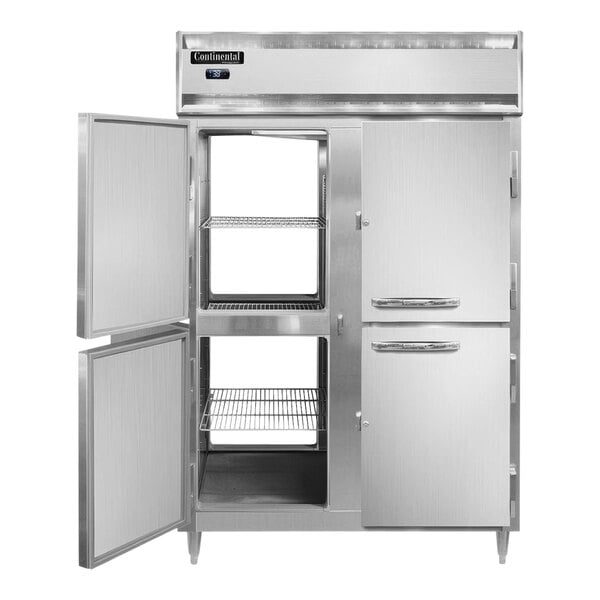 A stainless steel Continental Refrigerator reach-in freezer with two open half doors.
