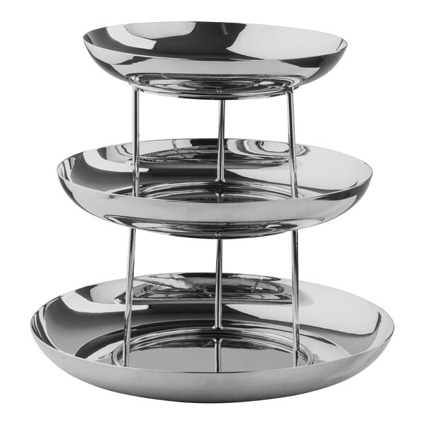 A Tablecraft 3-tier stainless steel seafood tower set on a table.