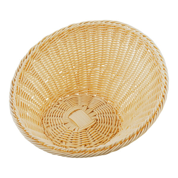 A Tablecraft natural polypropylene bread basket with an angled round design.