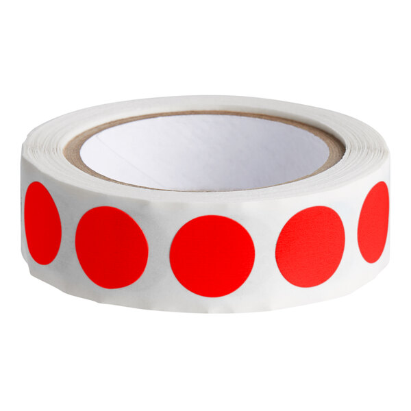 A roll of Lavex fluorescent red round inventory labels with white dots on a white background.