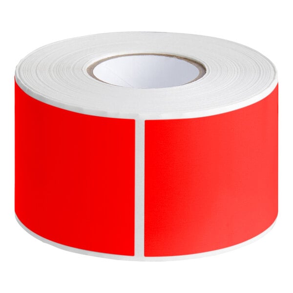 A roll of Lavex fluorescent red rectangular inventory labels with white paper and a red semi-gloss finish.