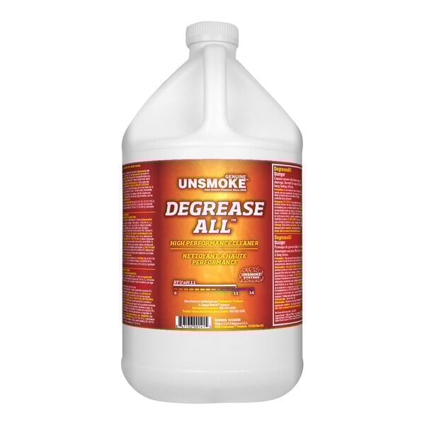 A white jug of Dri-Eaz Degrease-All with a red and yellow label.