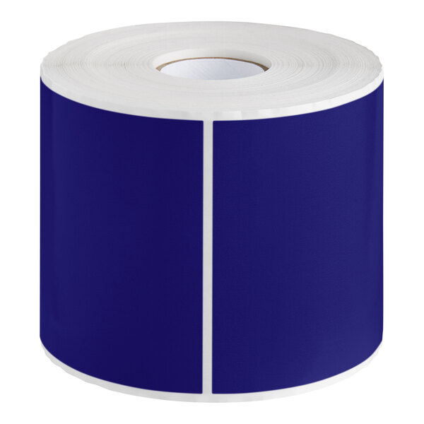 A roll of dark blue Lavex rectangular inventory labels with white text.