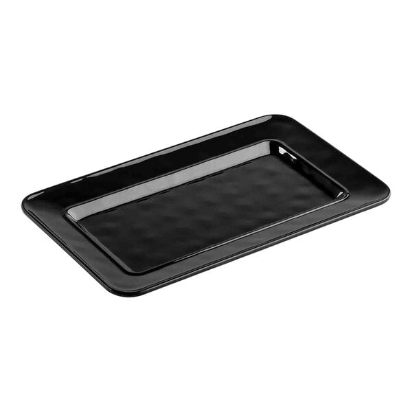 A black rectangular Tablecraft Ridge Collection melamine platter with a handle.