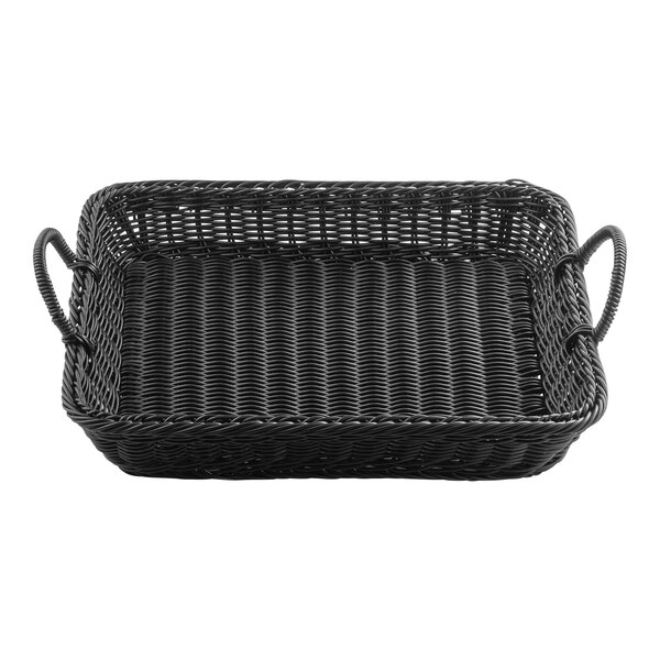 A black rectangular Tablecraft basket with handles.